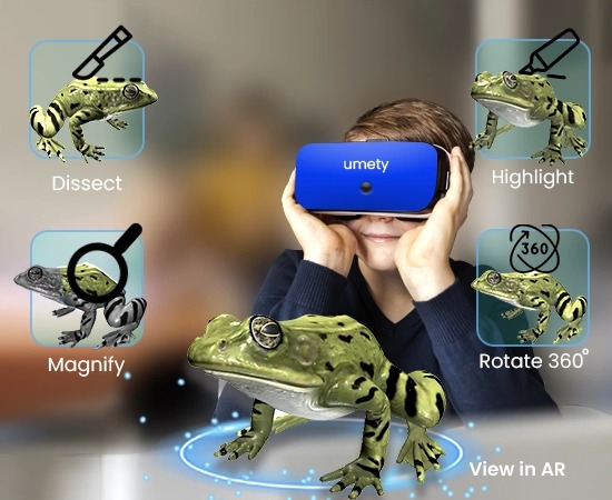 A student uses a Umety headset to view a frog in augmented reality, with Dissect, Highlight, Magnify and Rotate 360 controls