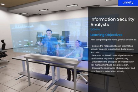A Day in the Life 360° video: Information Security Analysts, with learning objectives covering cybersecurity risk management and data privacy