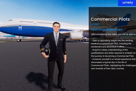 A Day in the Life 360° video: Commercial Pilots, with learning objectives covering the qualifications and daily routines of a commercial pilot