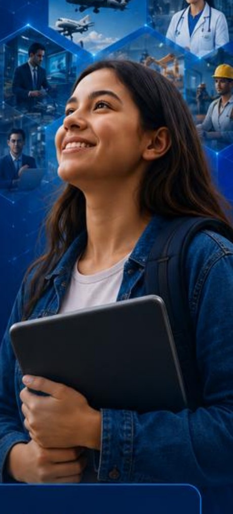 A student holding a tablet looks up with a career collage floating behind her, including images of a doctor, engineer, pilot and construction worker
