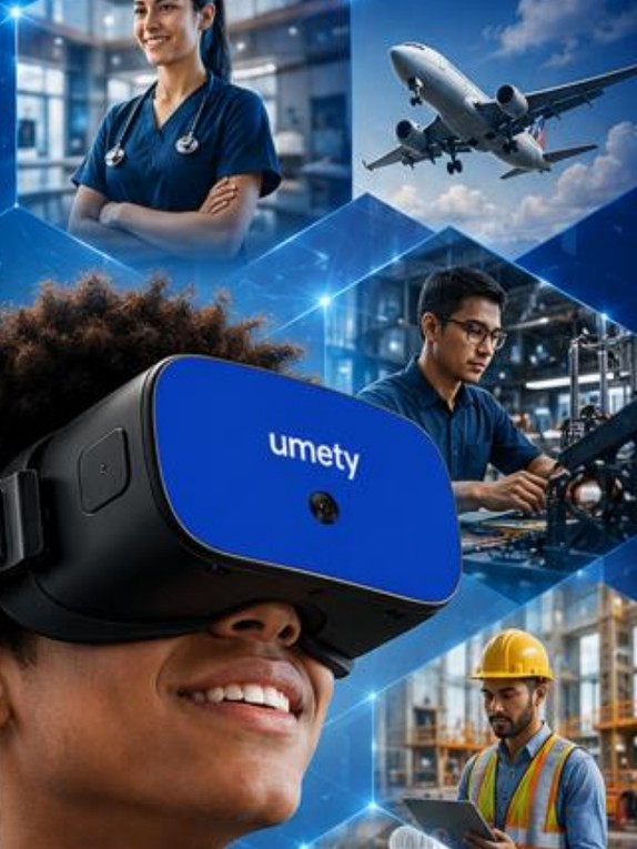 A smiling student wears a Umety VR headset, surrounded by a collage of career images including a nurse, pilot, engineer, construction worker and chef