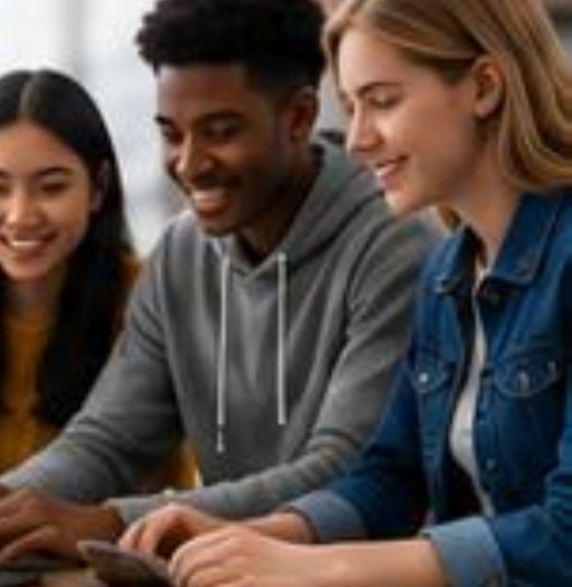 Three smiling students explore career options together on a laptop