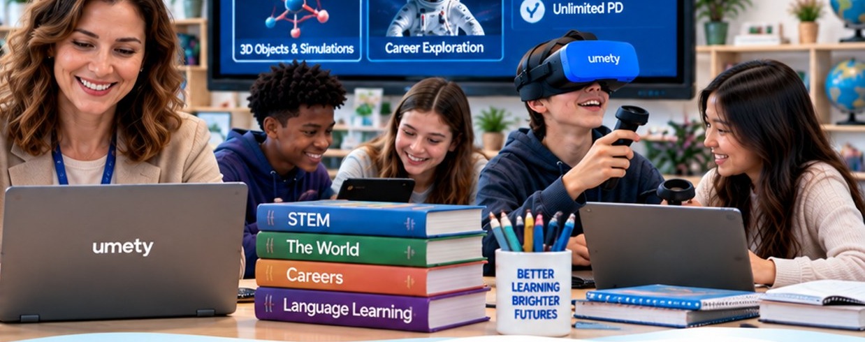 A smiling teacher working on a laptop while students behind her explore Umety content, including a student wearing a blue umety-branded VR headset, next to a stack of STEM, The World, Careers and Language Learning books