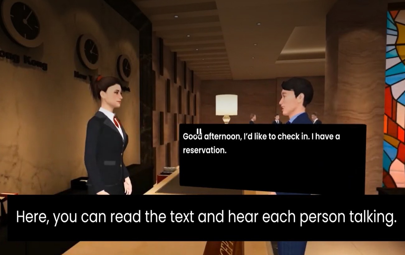 Umety ELL screen showing a hotel check-in conversation with on-screen captions and audio, captioned: Here, you can read the text and hear each person talking.