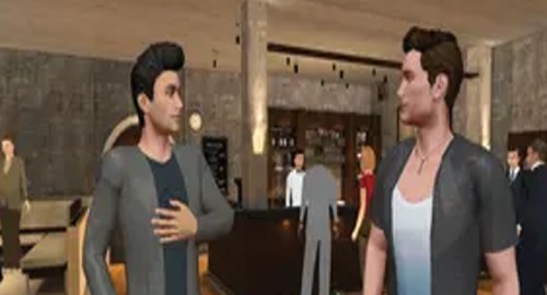Two avatars talking casually in a Umety ELL everyday communication scenario, set in a lounge