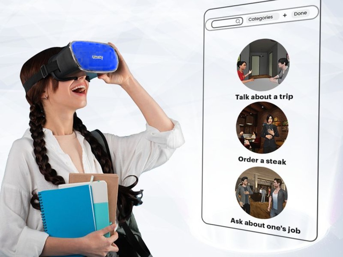 A student wearing the blue umety-branded VR headset, smiling while practicing an English conversation, next to the Umety app showing real-world scenarios like Talk about a trip and Order a steak