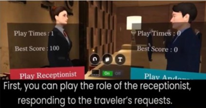 Umety ELL role-select screen letting a student choose to play the receptionist or the traveler in a conversation
