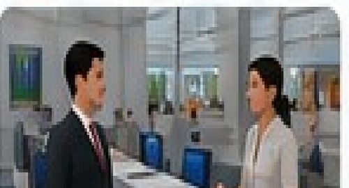 Two avatars at an airport check-in counter in a Umety ELL travel and tourism scenario