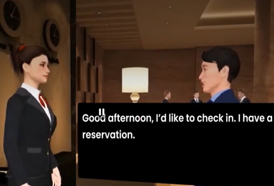 A split view of a Umety ELL hotel check-in scenario, showing the receptionist avatar and the student's line: Good afternoon, I'd like to check in. I have a reservation.