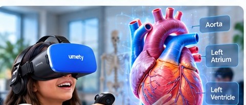 A student wearing a Umety VR headset examines a labeled 3D model of the human heart