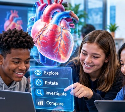 Three smiling students explore a 3D model of the human heart together on a laptop with AR overlays