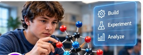 A student examines a molecular geometry model with build, experiment and analyze options
