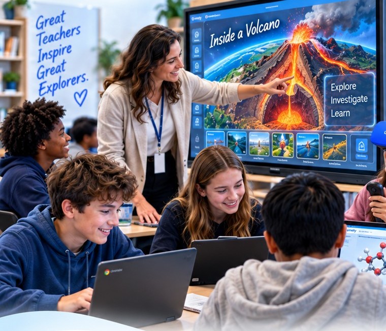 A teacher points to an interactive display showing an 'Inside a Volcano' lesson while students explore alongside her, one wearing a Umety VR headset