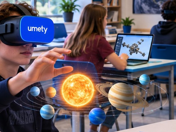 A student wearing a Umety VR headset reaches toward a floating 3D solar system hologram, while a classmate works on a laptop nearby