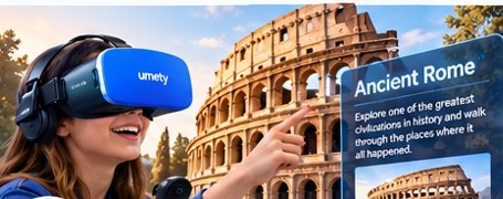 A student wearing a Umety VR headset points toward the Colosseum in an ancient Rome virtual tour