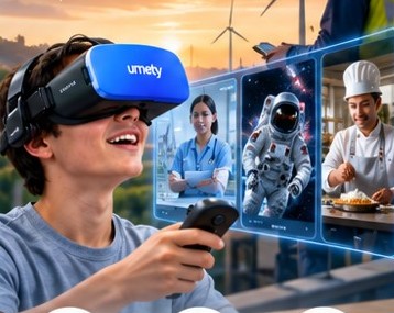 A student wearing a Umety VR headset explores career scenes including a doctor, an astronaut and a chef