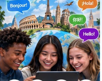 Three students smiling and looking at a tablet, with speech bubbles in different languages around a globe