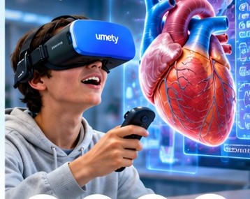 A student wearing a Umety VR headset examines a 3D model of the human heart