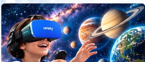 A student wearing a Umety VR headset reaches toward a 3D model of the solar system