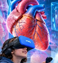 A student wearing a Umety VR headset examines a 3D model of the human heart