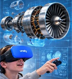 A student investigates a 3D jet engine cutaway model with a Umety headset