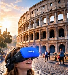 A student wearing a Umety VR headset stands before the Colosseum in ancient Rome