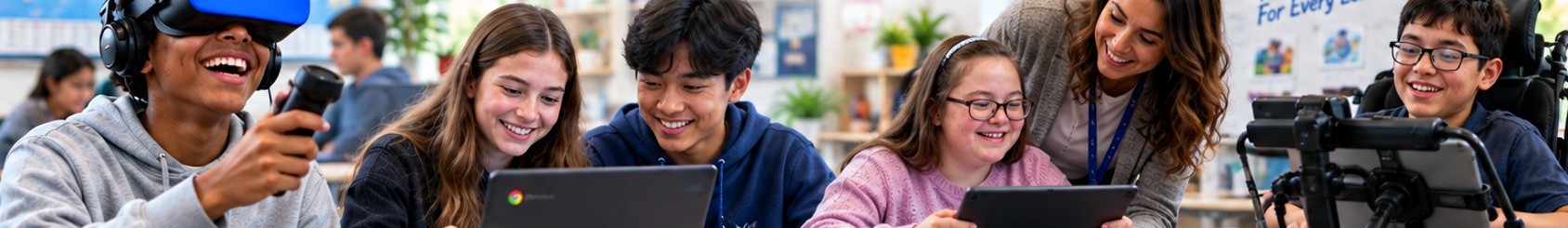 A diverse group of students, including a student using a wheelchair, working together with a teacher using VR headsets, laptops and tablets