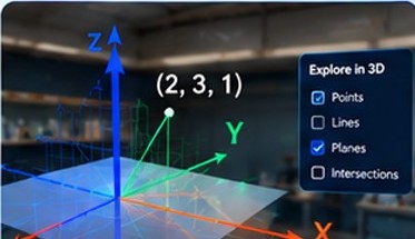3D coordinate space with points, lines and planes for exploring coordinate geometry