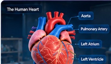 3D model of the human heart with labeled structures including the aorta and pulmonary artery