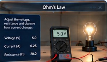 Interactive Ohm's Law virtual lab showing a circuit with voltage, current and resistance readouts