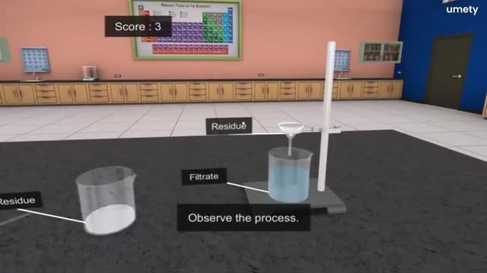 Still from a Umety STEM chemistry demo, a filtration lab with residue and filtrate