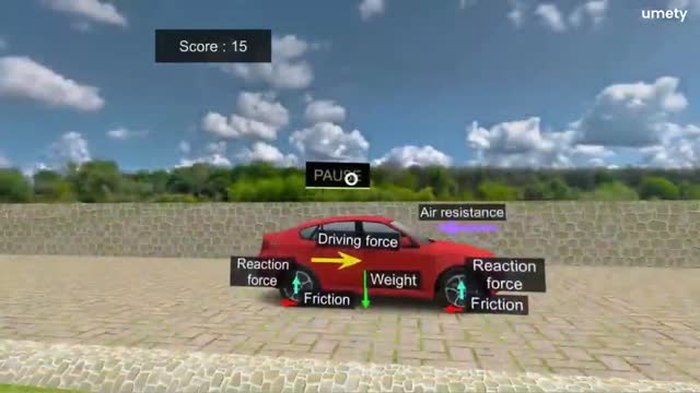 Still from a Umety STEM physics demo, showing force diagrams on a car