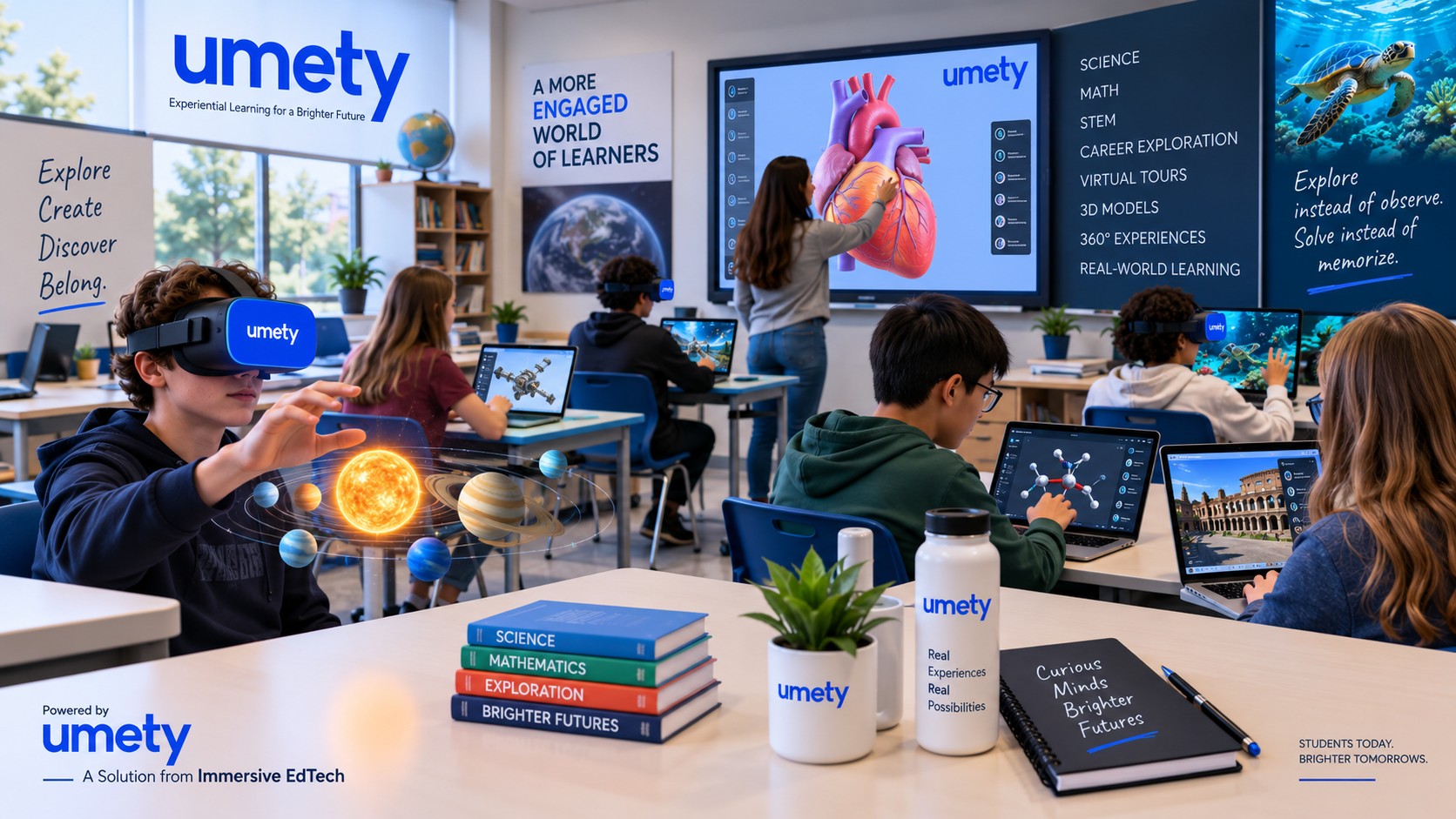 Umety classroom: a student explores the solar system with a Umety VR headset while classmates use laptops with AR overlays and a teacher leads a lesson on an interactive display