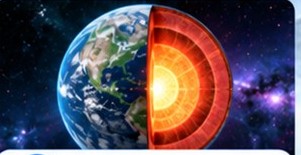 Earth shown half as a photographic globe, half as a labeled cutaway of its interior layers