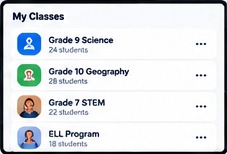 A Umety My Classes screen listing Grade 9 Science, Grade 10 Geography, Grade 7 STEM and the ELL Program, each with a student count