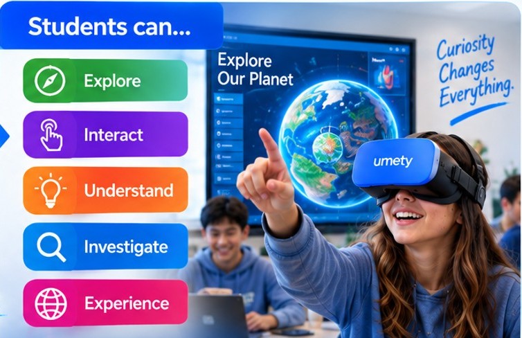 Students can: Explore, Interact, Understand, Investigate, Experience — a student wearing a blue Umety headset points at a floating 3D globe