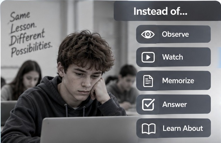 Instead of: Observe, Watch, Memorize, Answer, Learn About — a student sits passively at a laptop