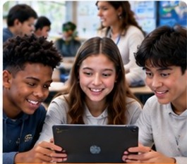 Three students smiling and looking together at a tablet