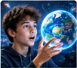 Student interacting with a glowing 3D globe