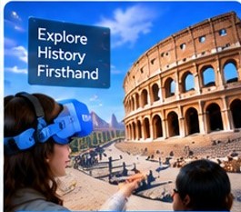 Student wearing a blue Umety headset, pointing toward a 360-degree view of the Colosseum in Rome