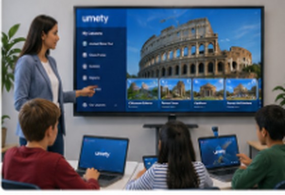 A teacher points to the Colosseum on an interactive flat panel while students follow along on laptops