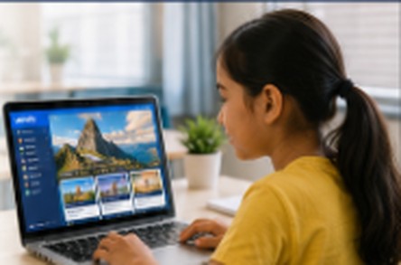 A student explores Umety's World Odyssey 360 library, including a Machu Picchu tour, on a laptop