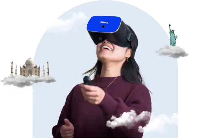 An illustration of a student wearing a Umety VR headset, with the Taj Mahal and the Statue of Liberty floating nearby like clouds