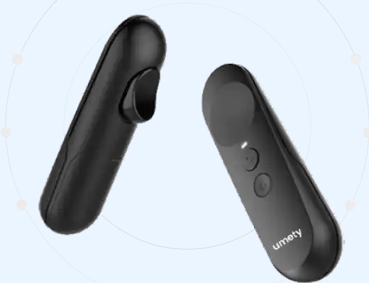 The two Umety VR handheld controllers, front and back view