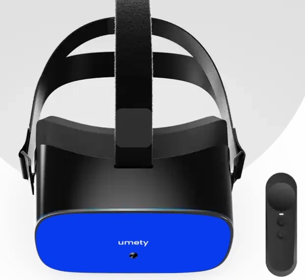 Front view of the Umety VR headset with its blue umety-branded face plate, adjustable head strap, and handheld controller