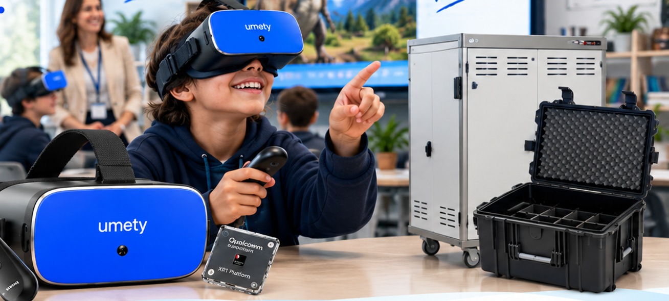 A student in a classroom wearing the blue umety-branded VR headset and holding a controller, pointing at a dinosaur scene on a display, next to the Umety charging cart and carrying case