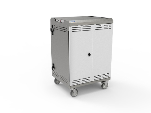 A rolling white Umety storage cart with charging bays and locking doors, sized to hold 30 headsets